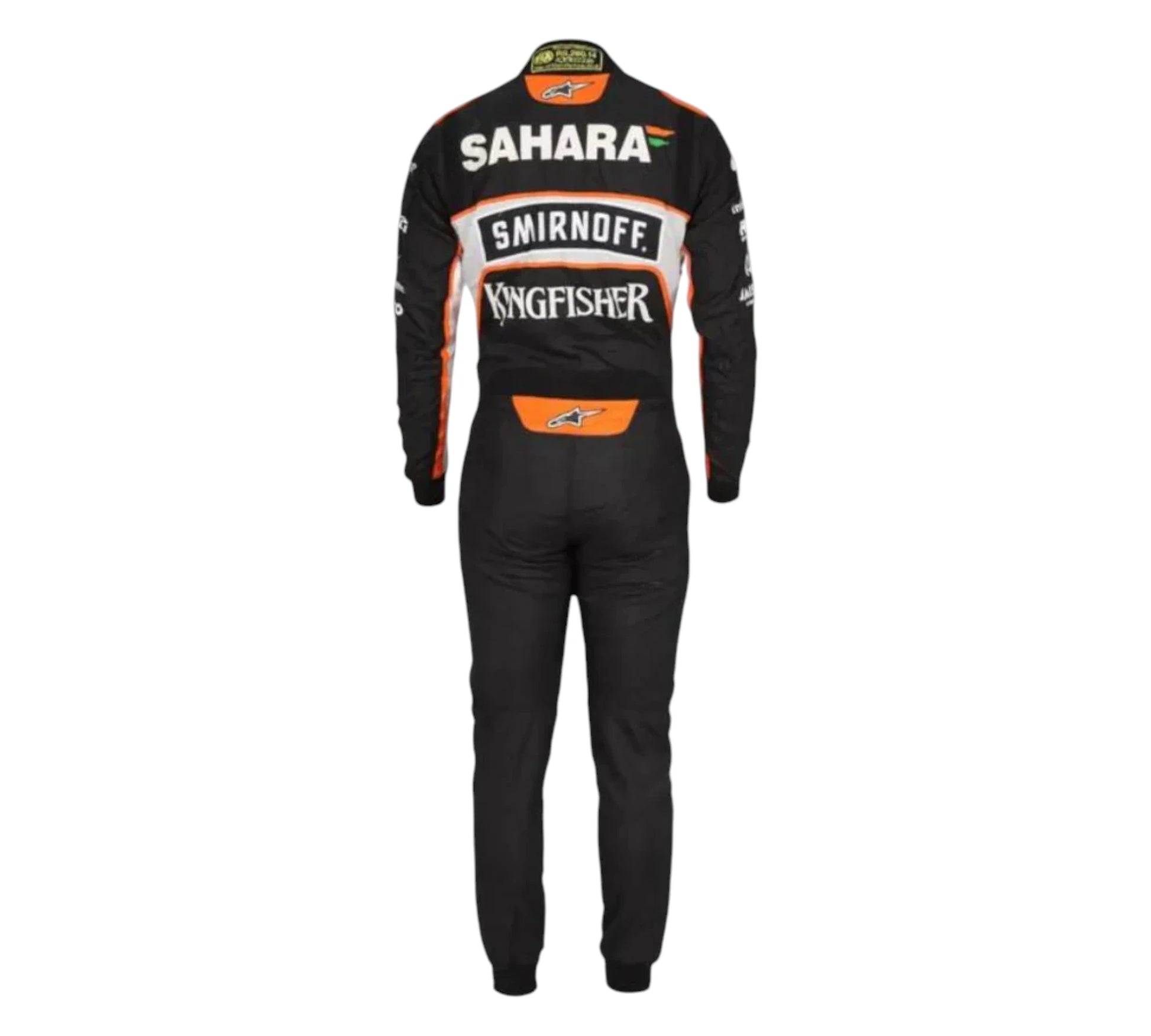 Black racing suit with visible branding on a white background