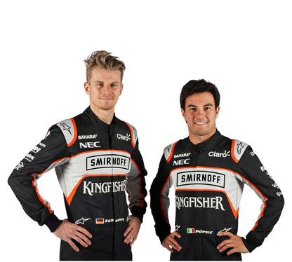 Two individuals wearing racing suits with visible brand logos on a white background