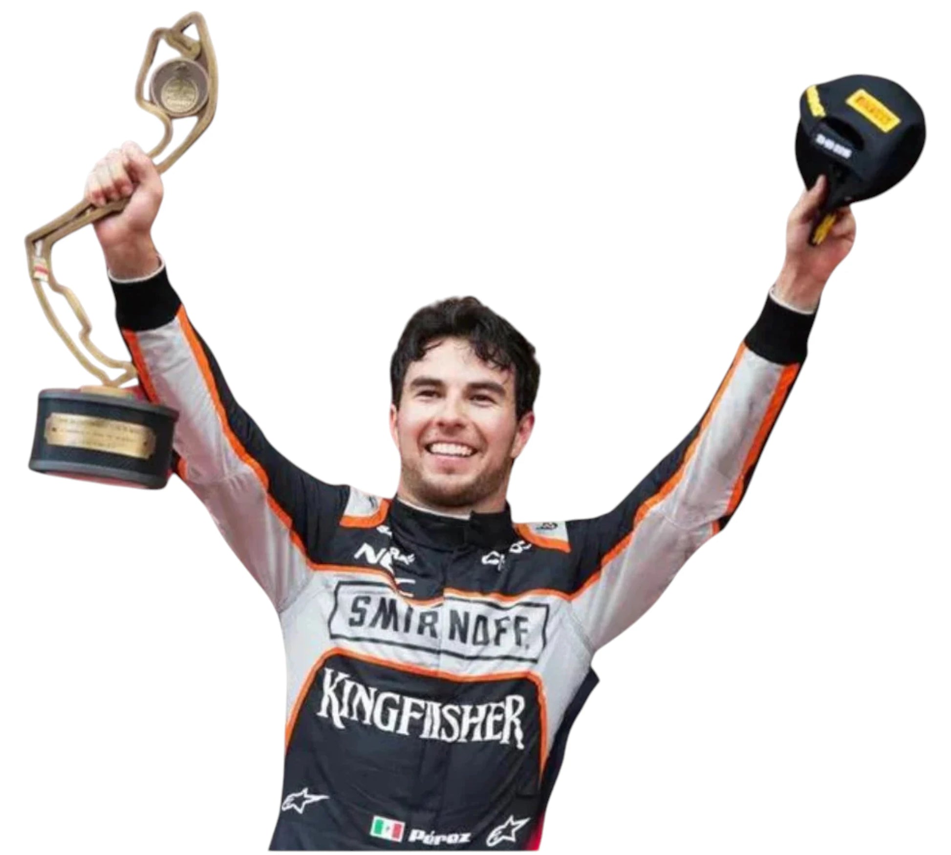 Person in racing suit holding a trophy and a helmet against a white background