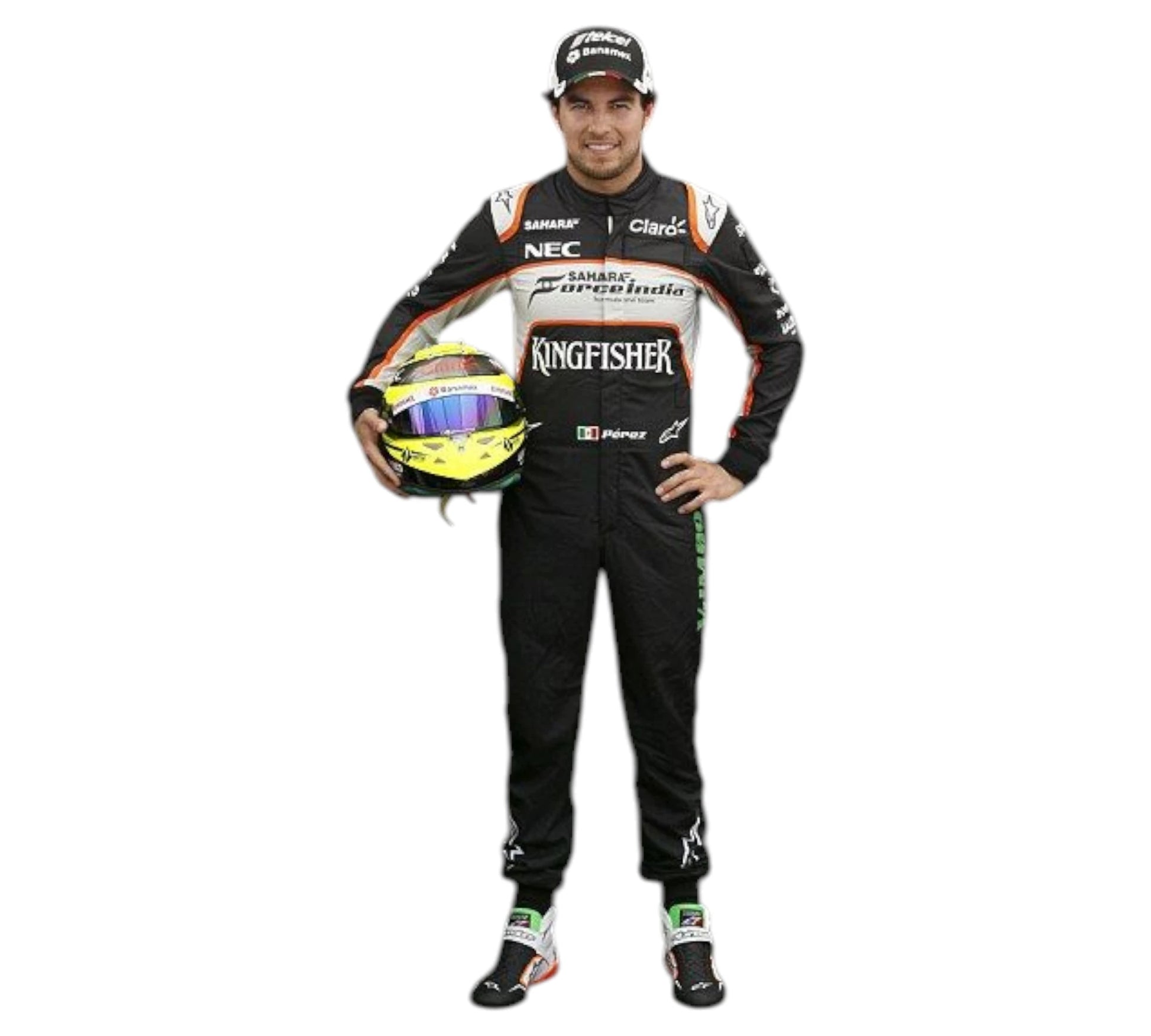 Person wearing a racing suit with various sponsor logos on a white background