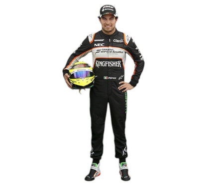 Person wearing a racing suit with various sponsor logos on a white background