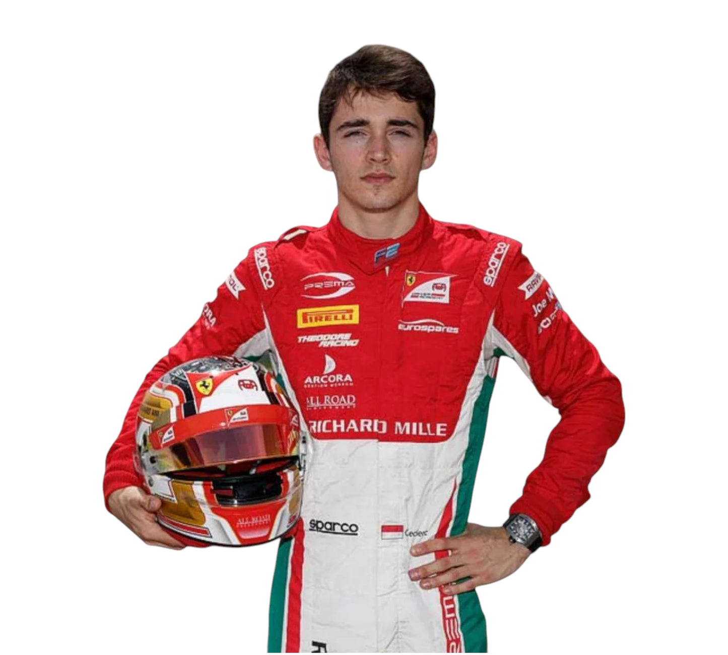 Person wearing a red and white racing suit holding a helmet on a white background