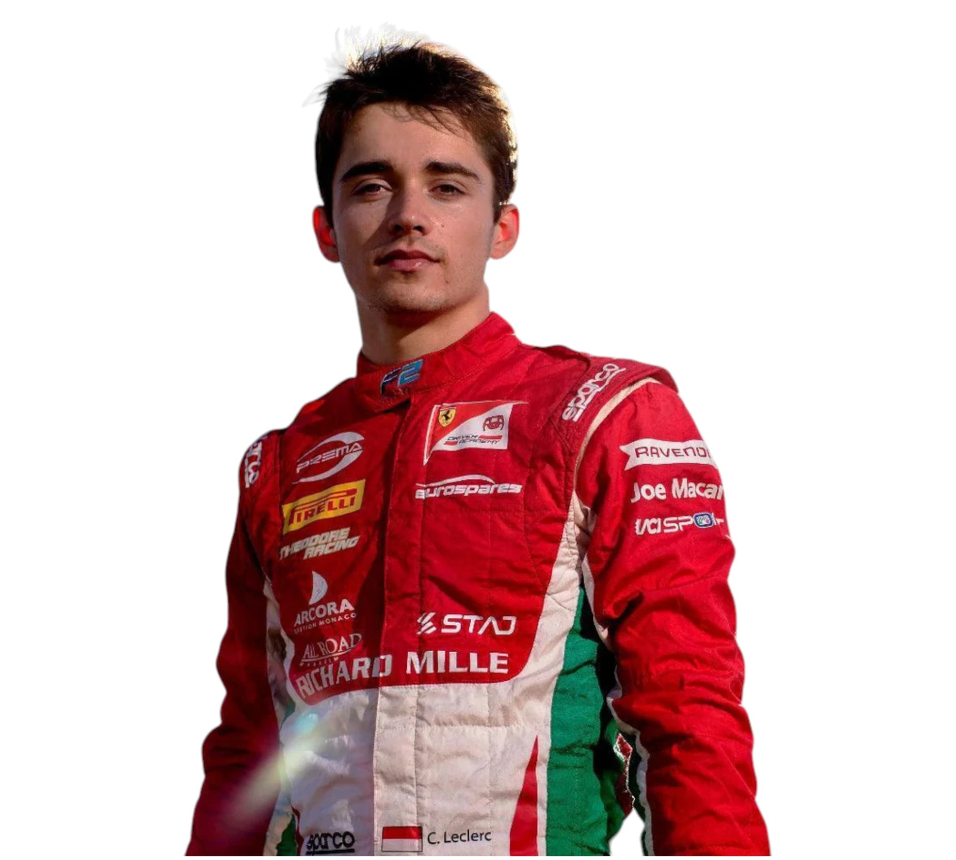 Person wearing a red racing suit with various sponsor logos on a white background