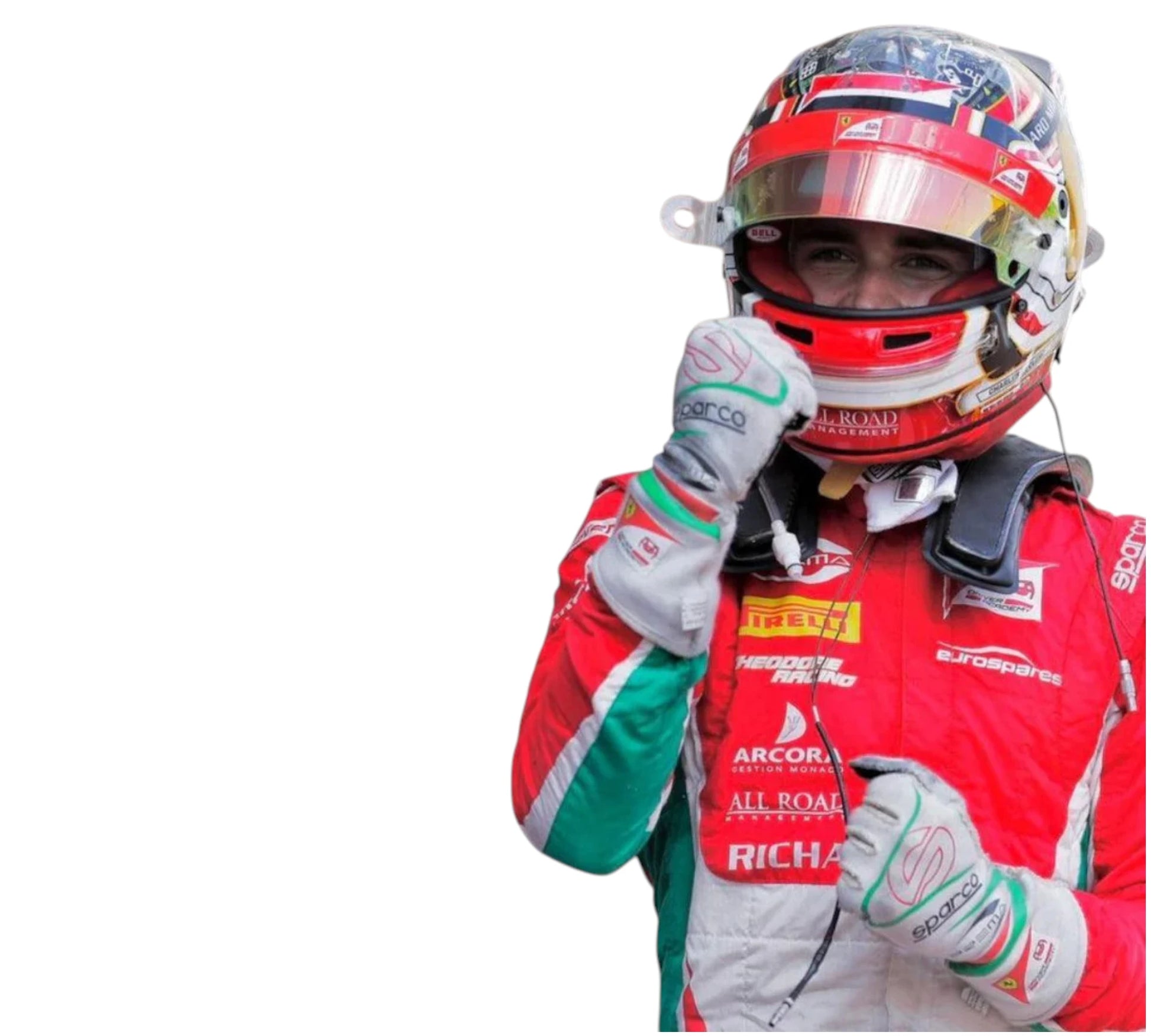 Racing driver in full gear with helmet, gloves, and suit on a white background