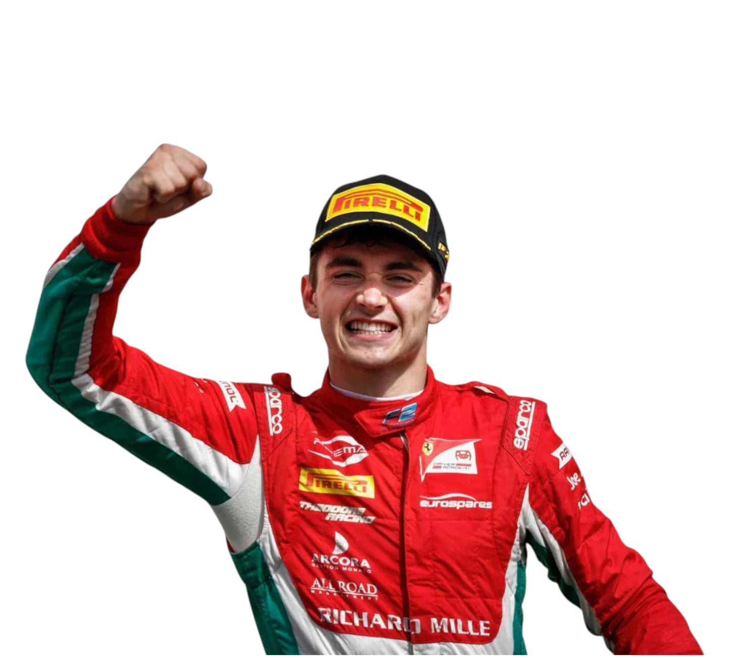 Racing driver in a red and green suit with a Pirelli cap on a white background