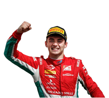 Racing driver in a red and green suit with a Pirelli cap on a white background