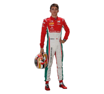 Person wearing a red and white racing suit holding a helmet on a white background