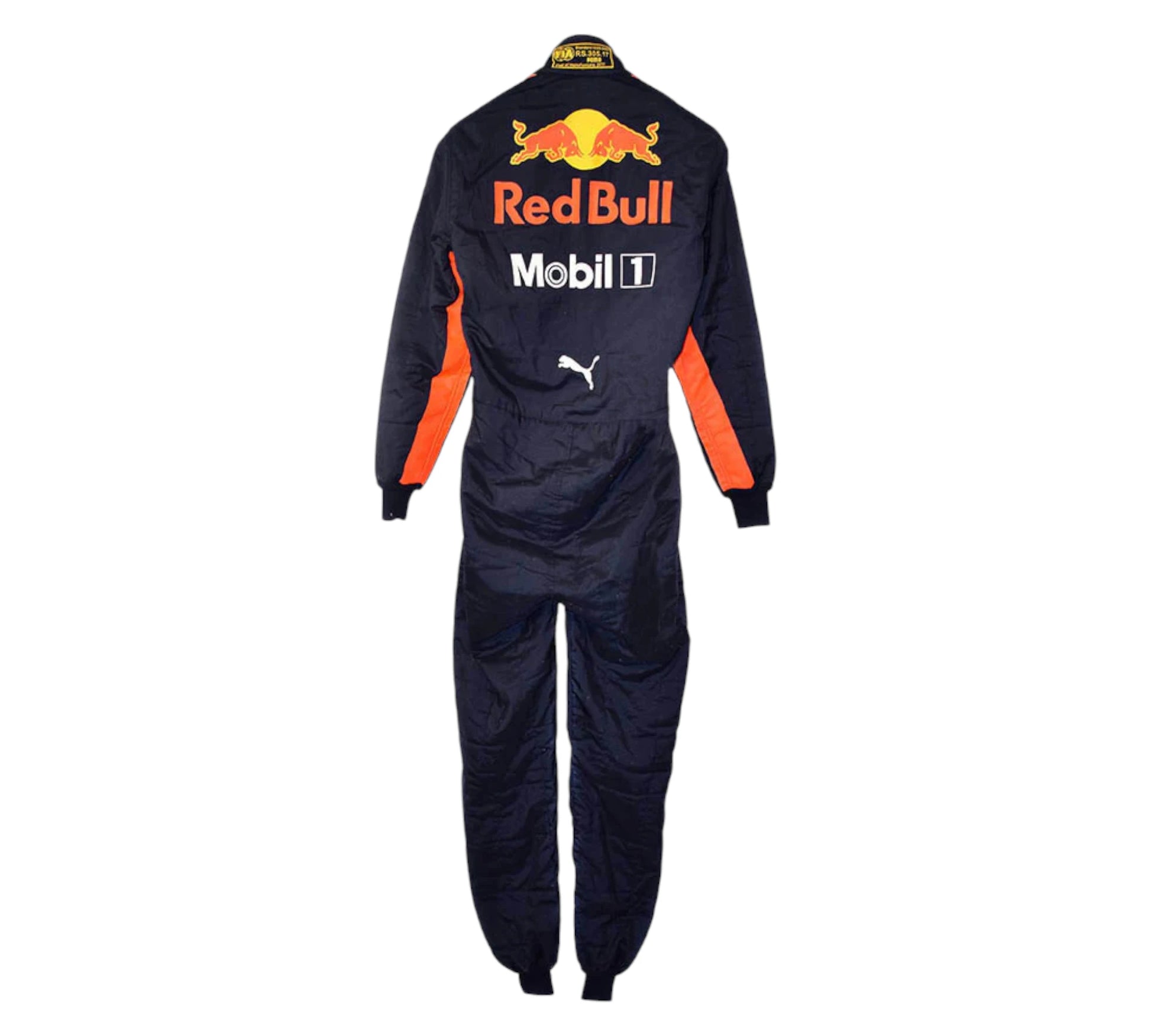 Navy racing suit with Red Bull and Mobil logos on a white background