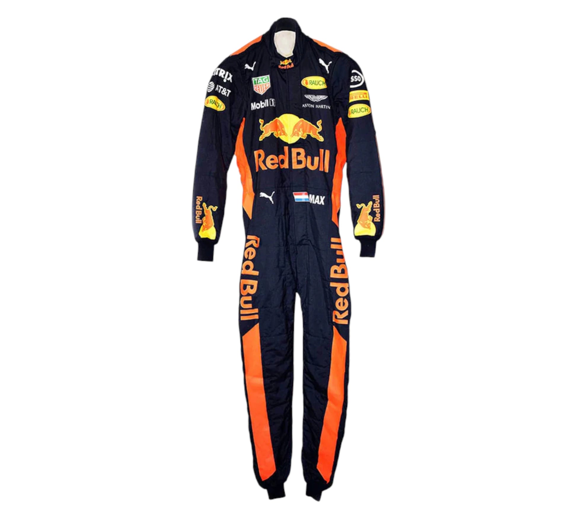 Red Bull racing suit with prominent branding on a white background