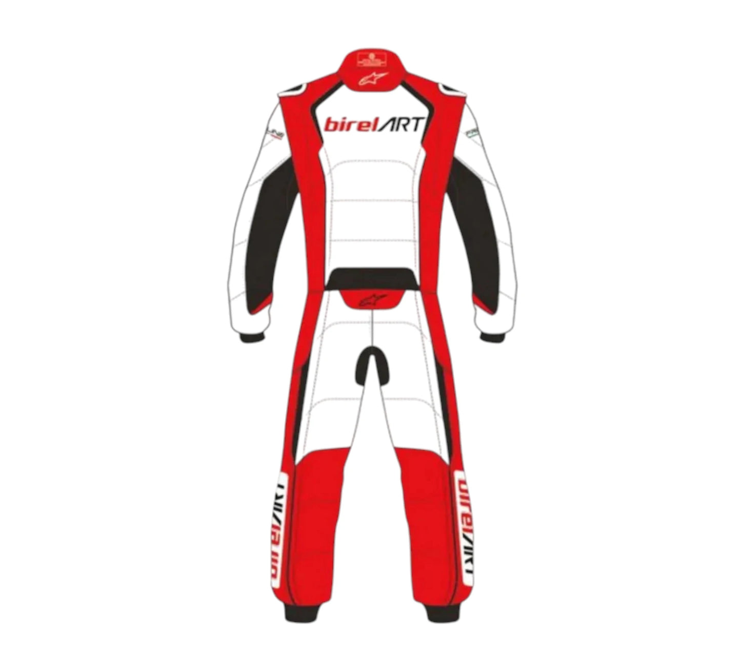 Red, white, and black racing suit with 'Birel ART' branding on a white background