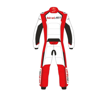Red, white, and black racing suit with 'Birel ART' branding on a white background
