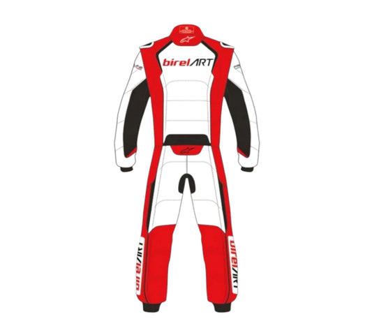 Red, white, and black racing suit with 'Birel ART' branding on a white background