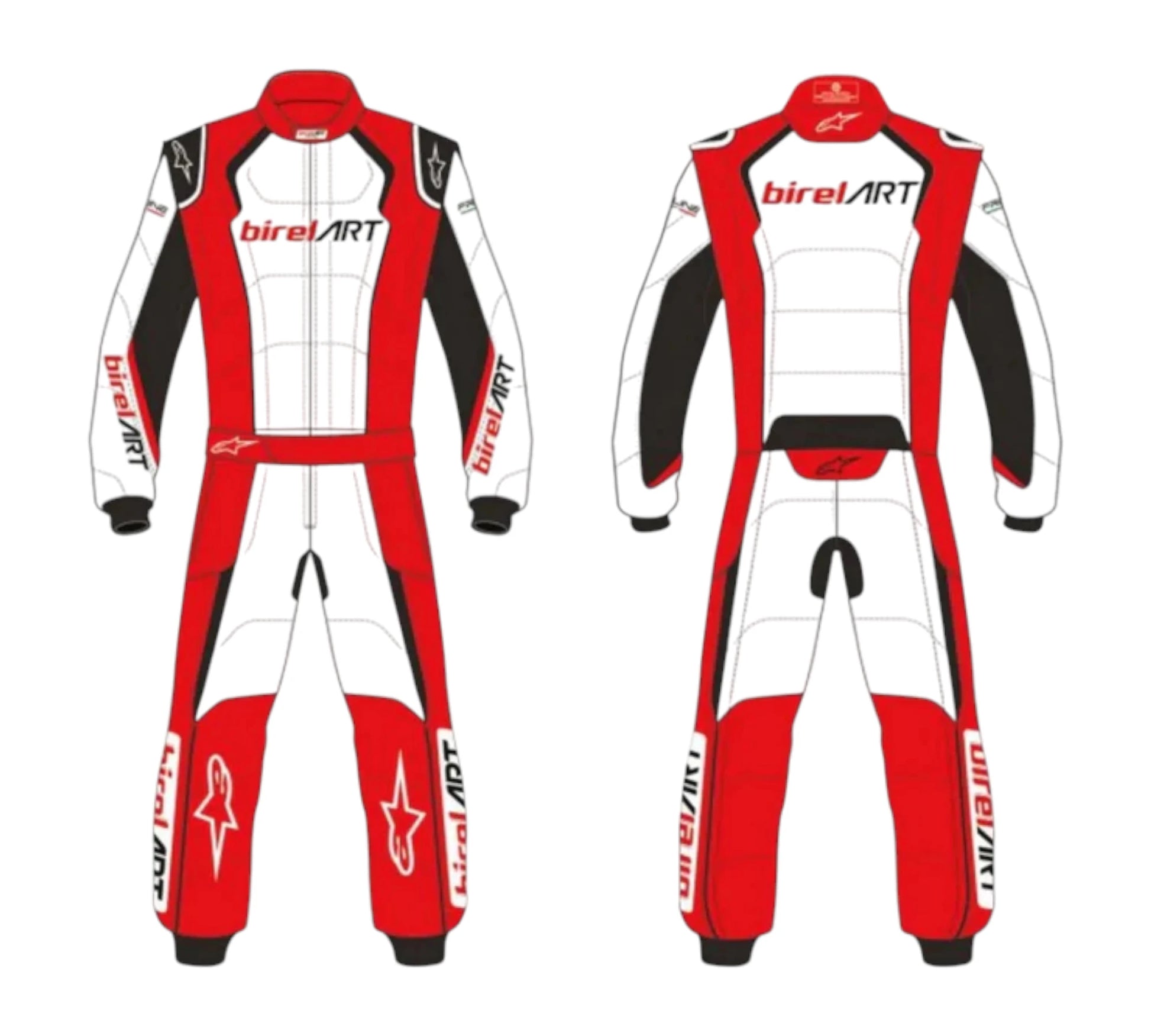 Red, white, and black racing suit with Birel Art branding on a white background