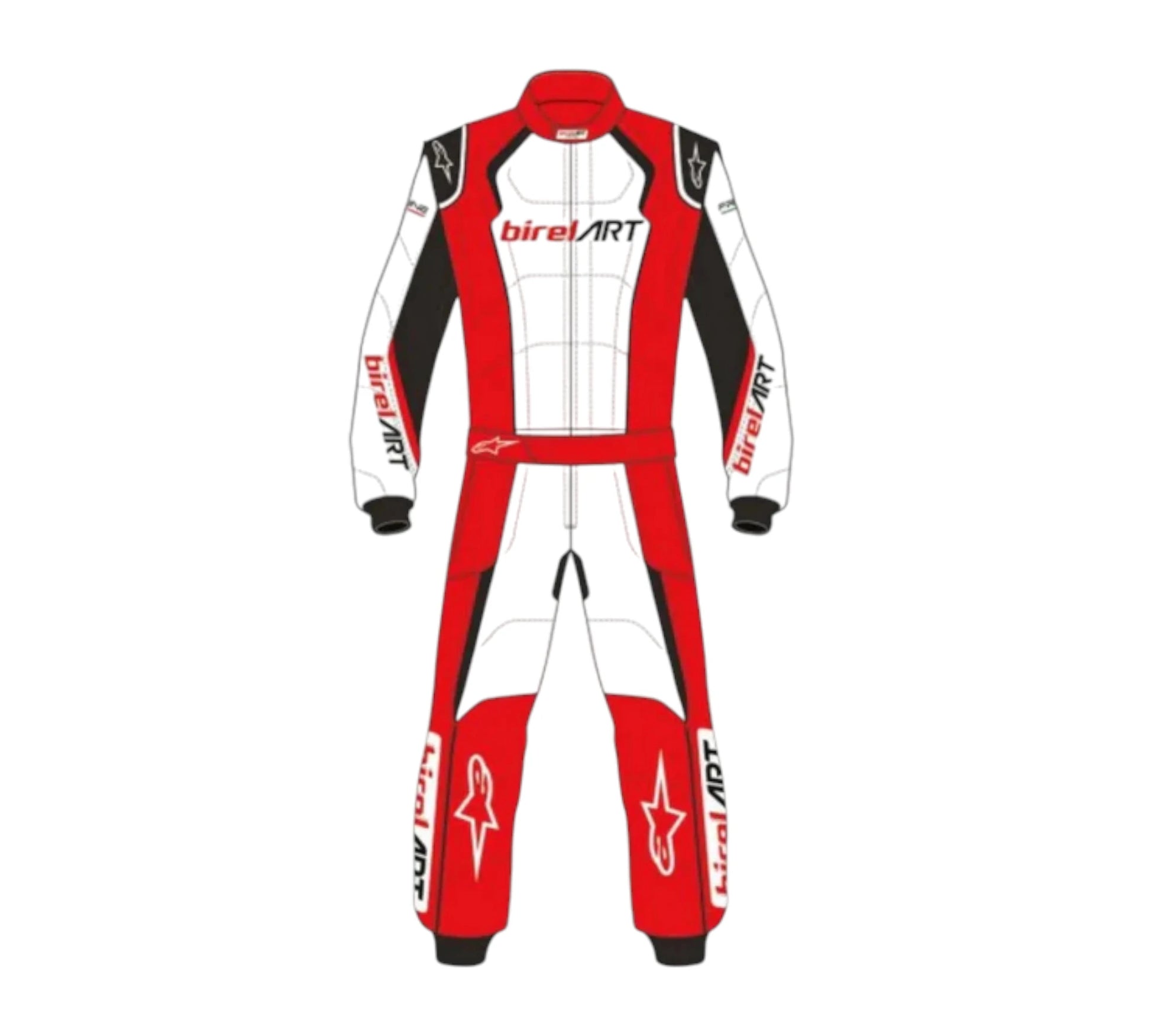 Red and white racing suit with Birel Art branding on a white background