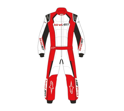 Red and white racing suit with Birel Art branding on a white background