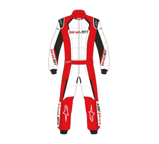 Red and white racing suit with Birel Art branding on a white background