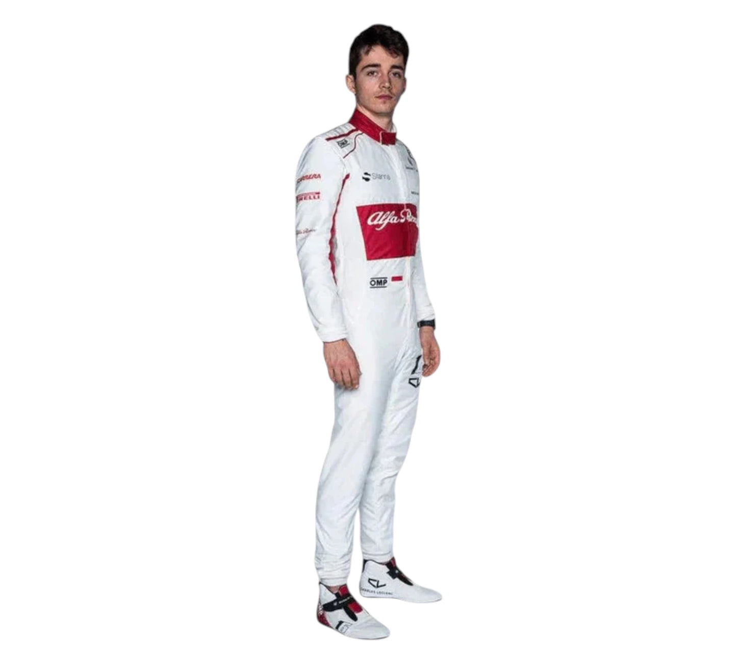 Person wearing a white racing suit with red accents on a white background