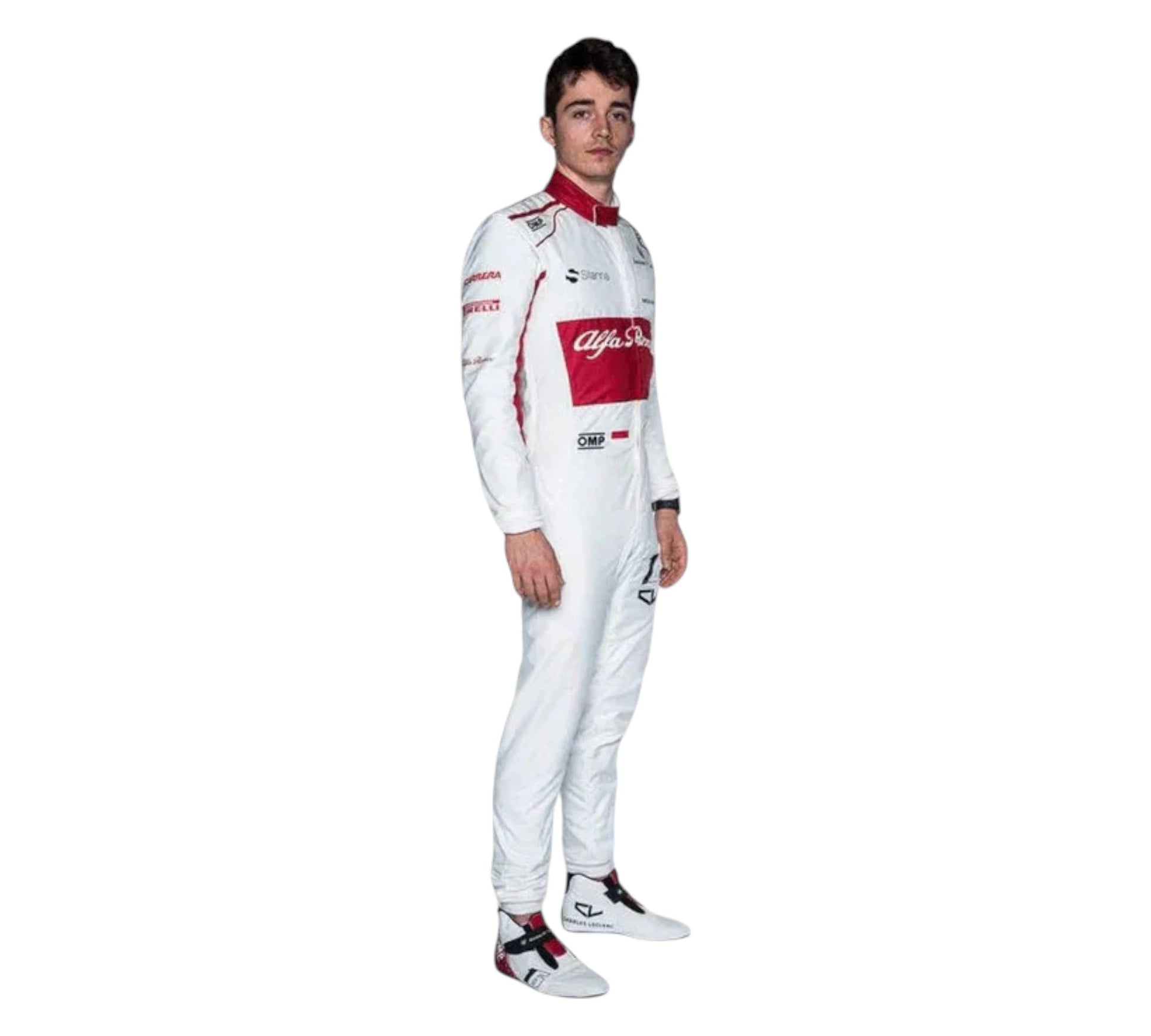 Person wearing a white racing suit with red accents on a white background