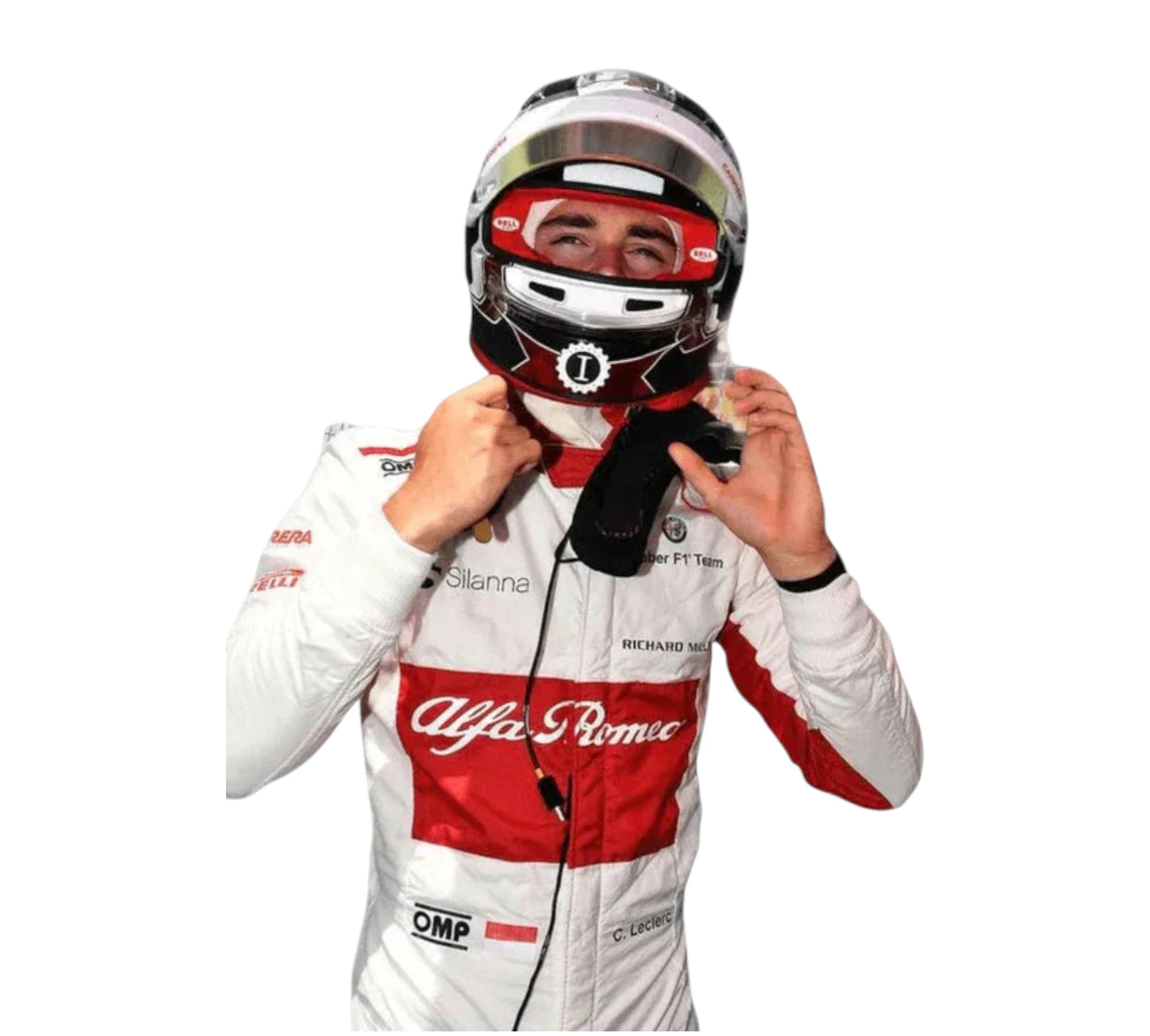 Person wearing a racing suit and helmet with Alfa Romeo branding on a white background