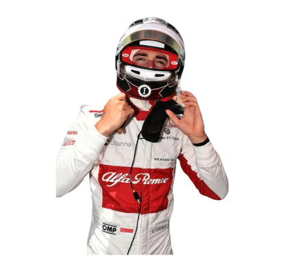 Person wearing a racing suit and helmet with Alfa Romeo branding on a white background