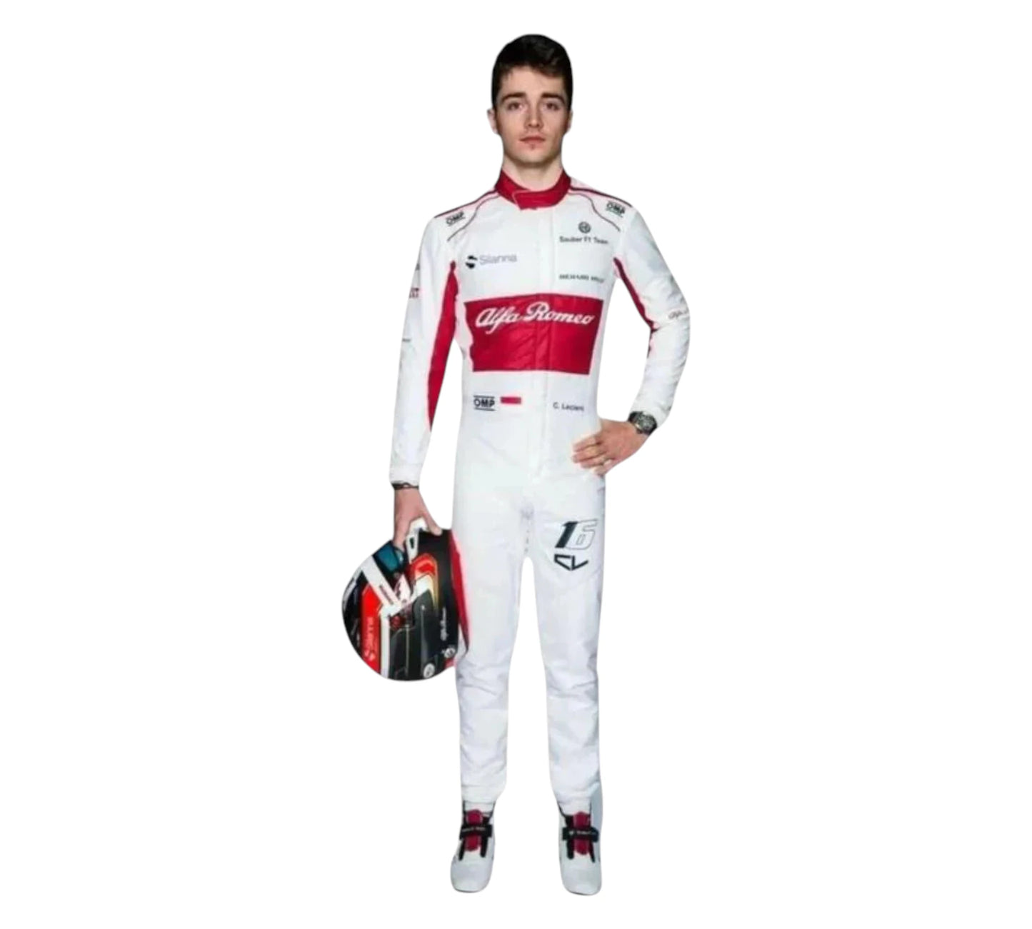 Person wearing a white racing suit with red accents and holding a helmet on a white background