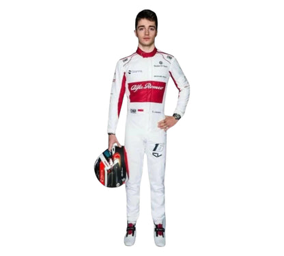 Person wearing a white racing suit with red accents and holding a helmet on a white background