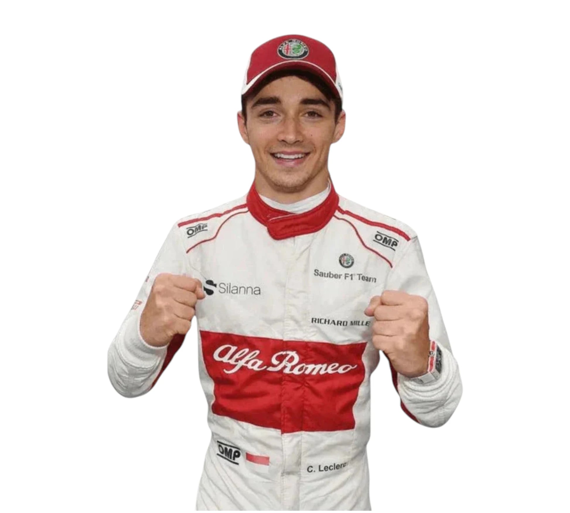 Person wearing a white and red racing suit with Alfa Romeo branding on a white background