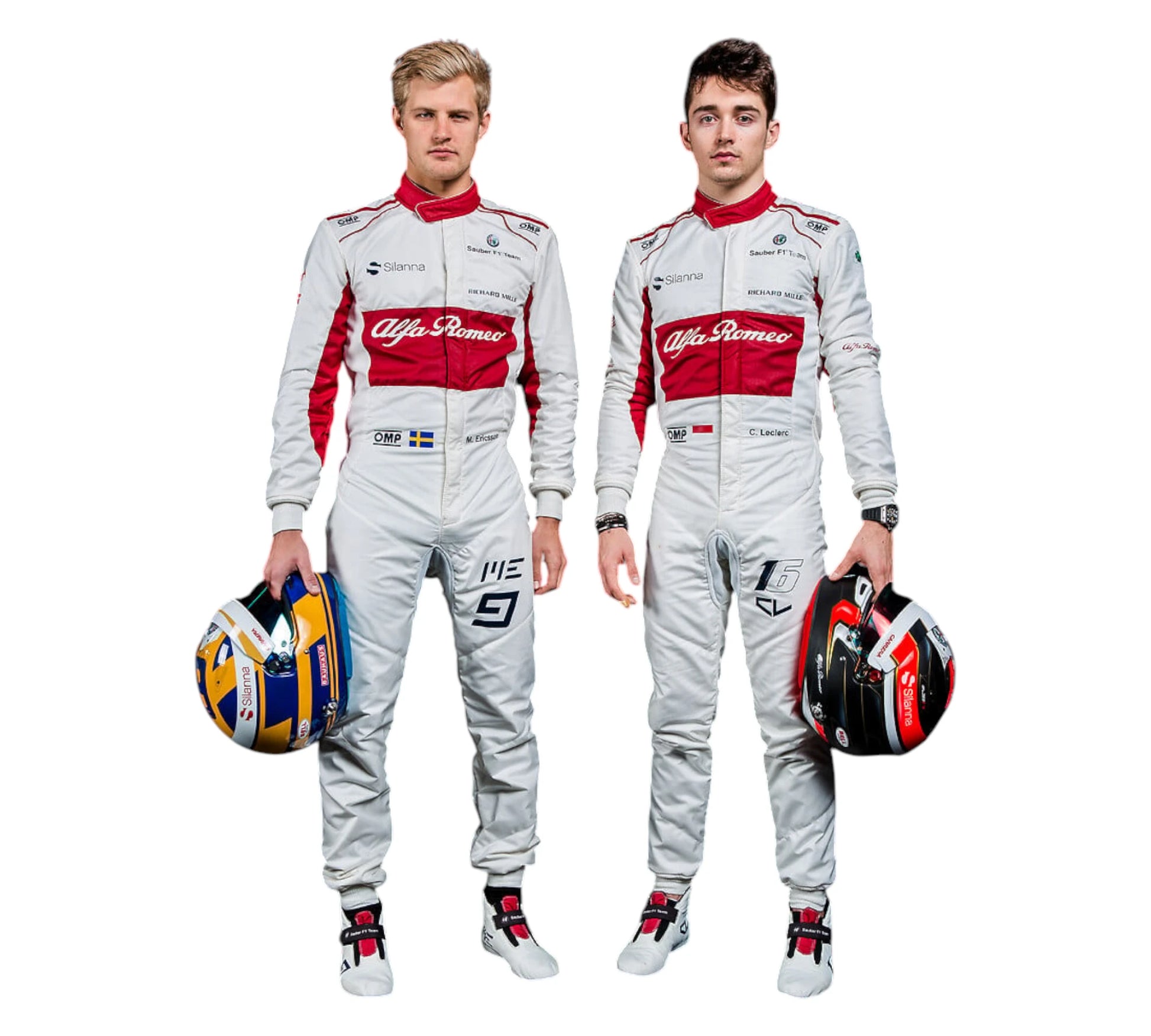 Two individuals in Alfa Romeo racing suits holding helmets on a white background