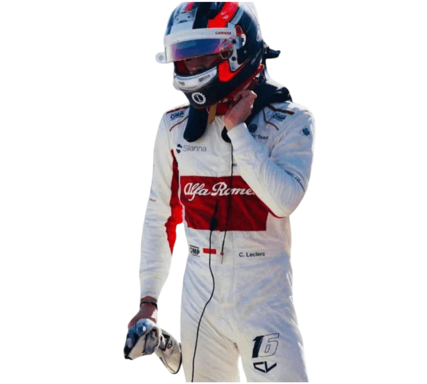 Person in a racing suit with Alfa Romeo branding on a white background