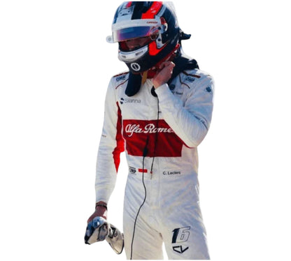 Person in a racing suit with Alfa Romeo branding on a white background