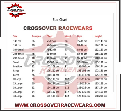 Size chart for Crossover Racewears with measurements in centimeters