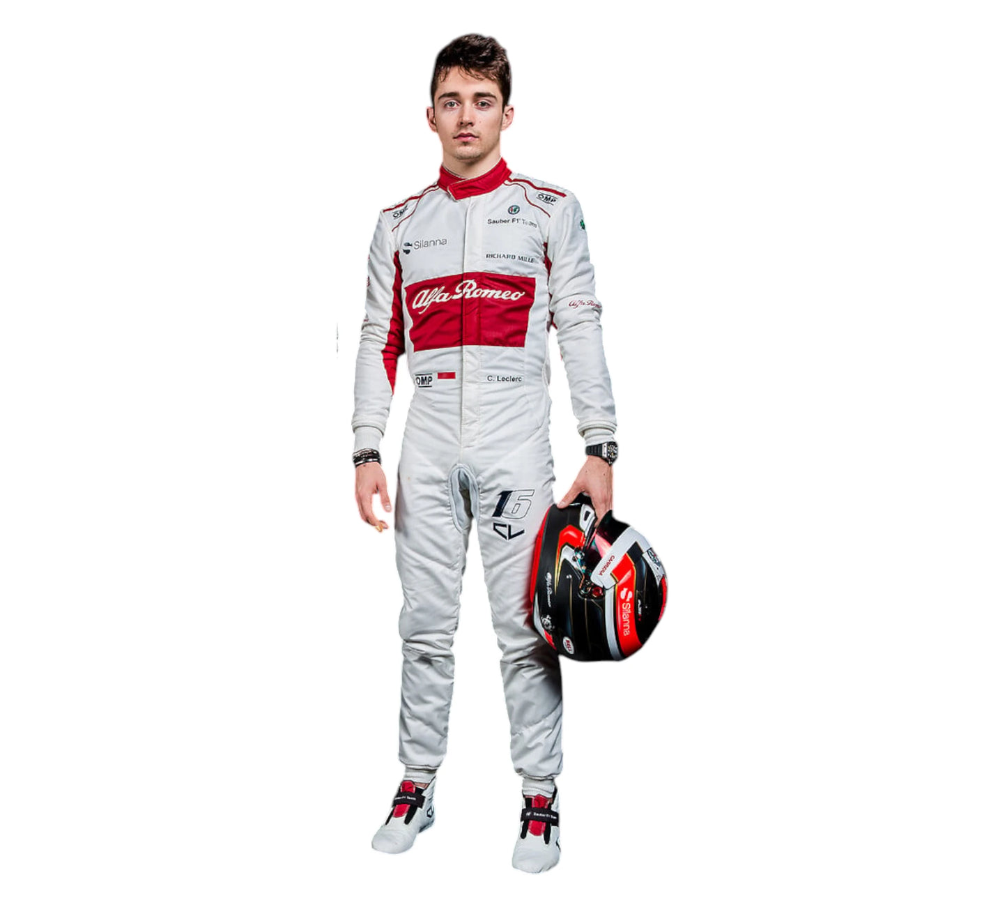 Person wearing a white racing suit with red accents, holding a helmet on a white background