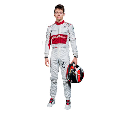 Person wearing a white racing suit with red accents, holding a helmet on a white background