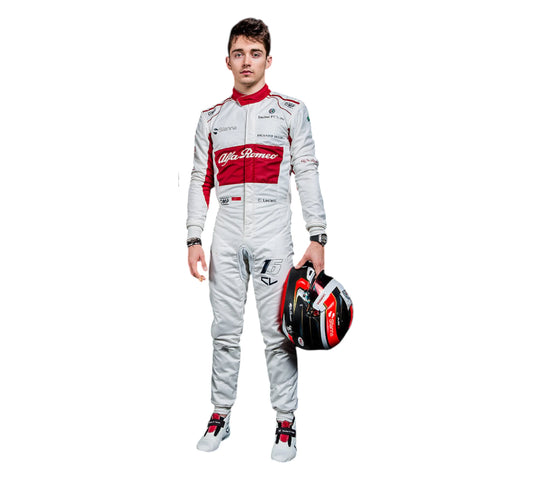 Person wearing a white racing suit with red accents, holding a helmet on a white background