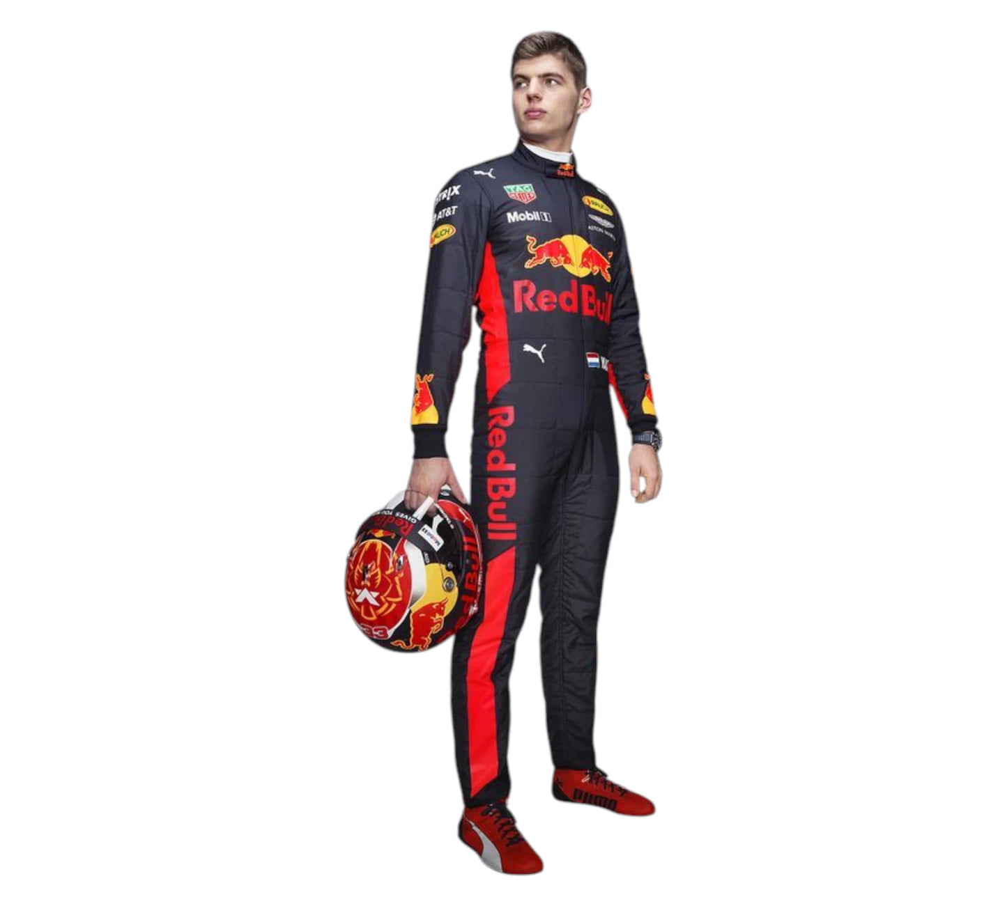 Person wearing a Red Bull racing suit holding a helmet on a white background