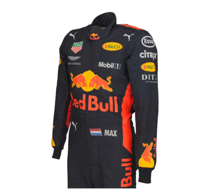 Black racing suit with Red Bull and Puma logos on a white background
