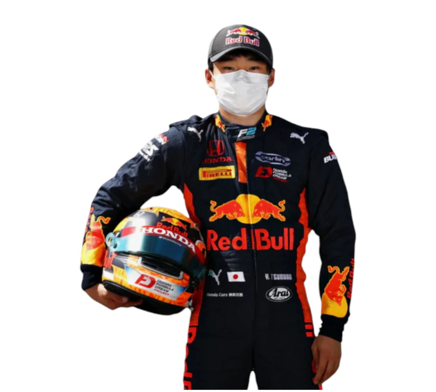 Person wearing a Red Bull racing suit holding a helmet on a white background