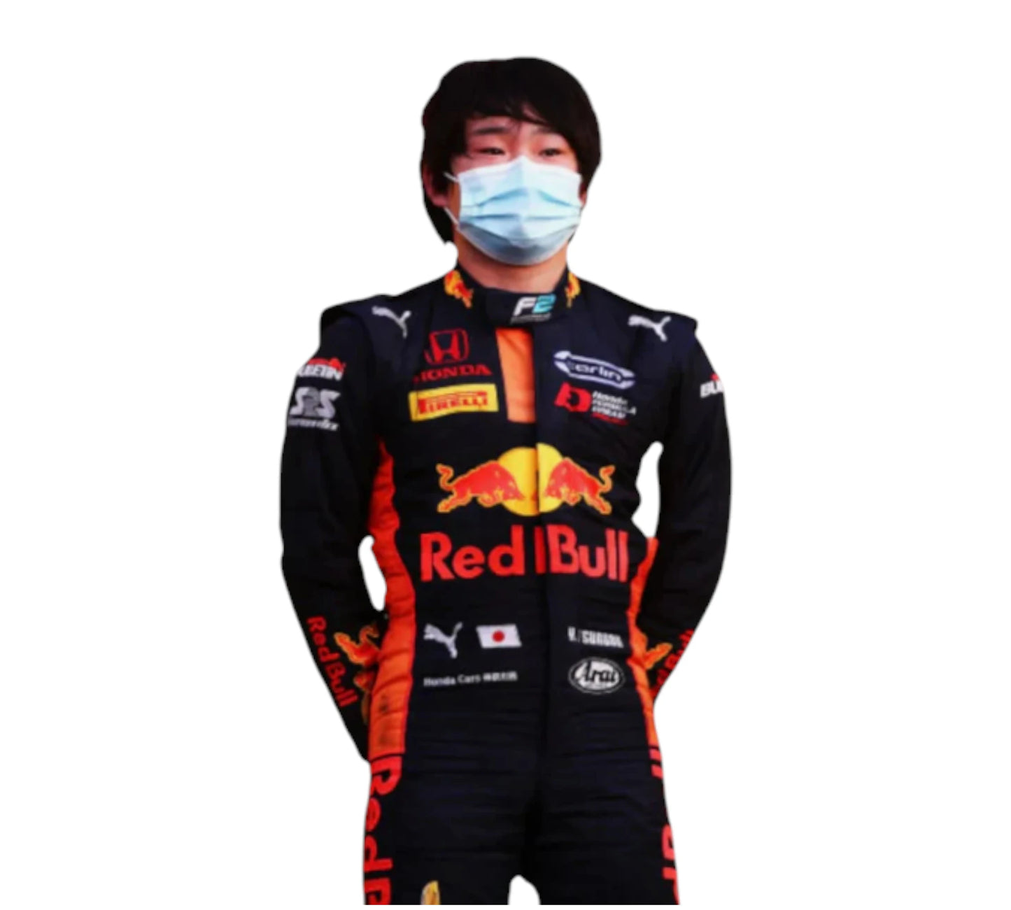 Person wearing a Red Bull racing suit with a face mask on a white background