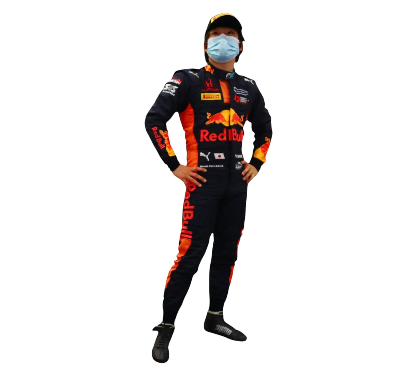 Person wearing a Red Bull racing suit on a white background