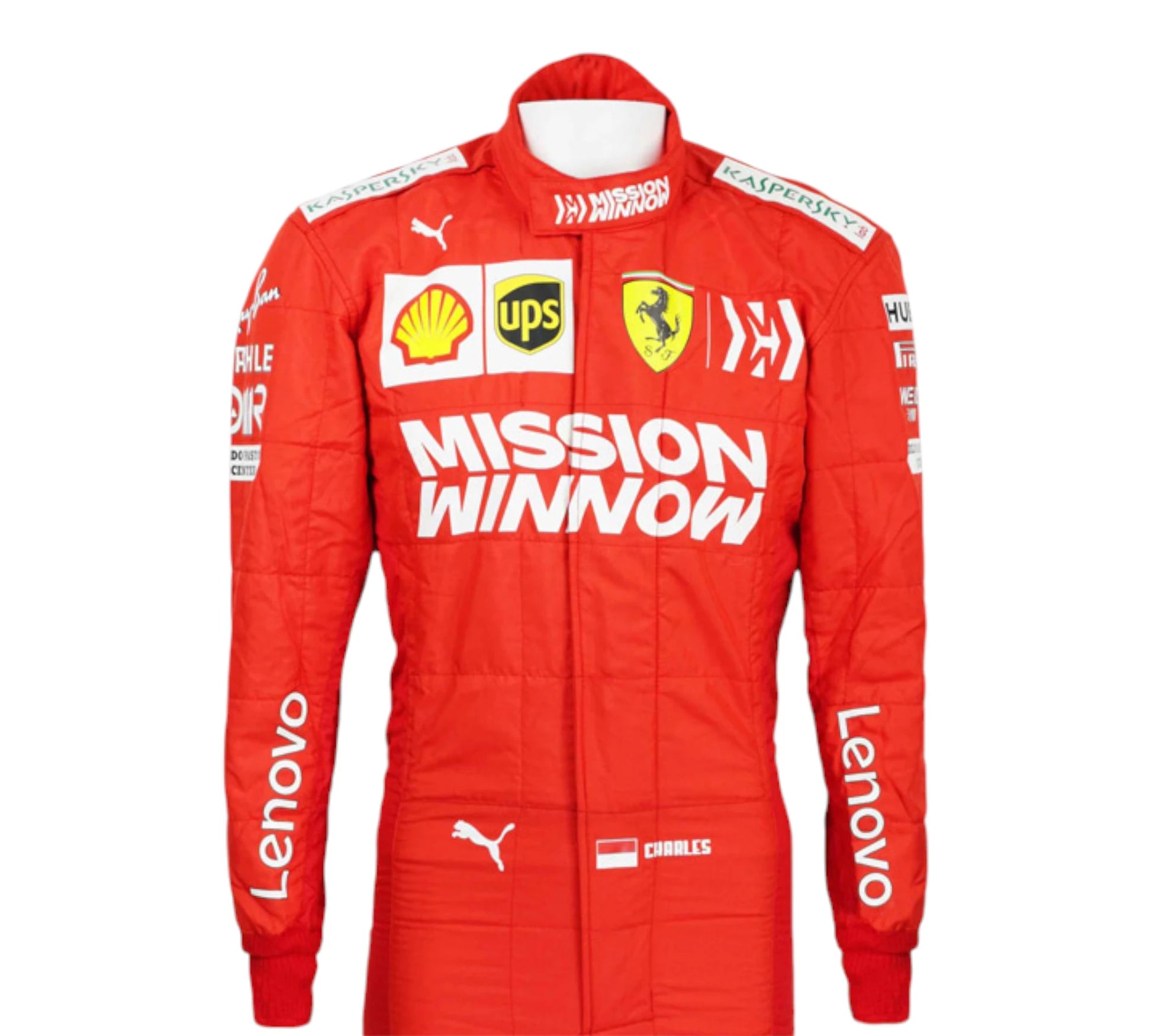 Red racing suit with various sponsor logos on a white background