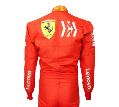 Red racing suit with Ferrari logo and Lenovo branding on a white background