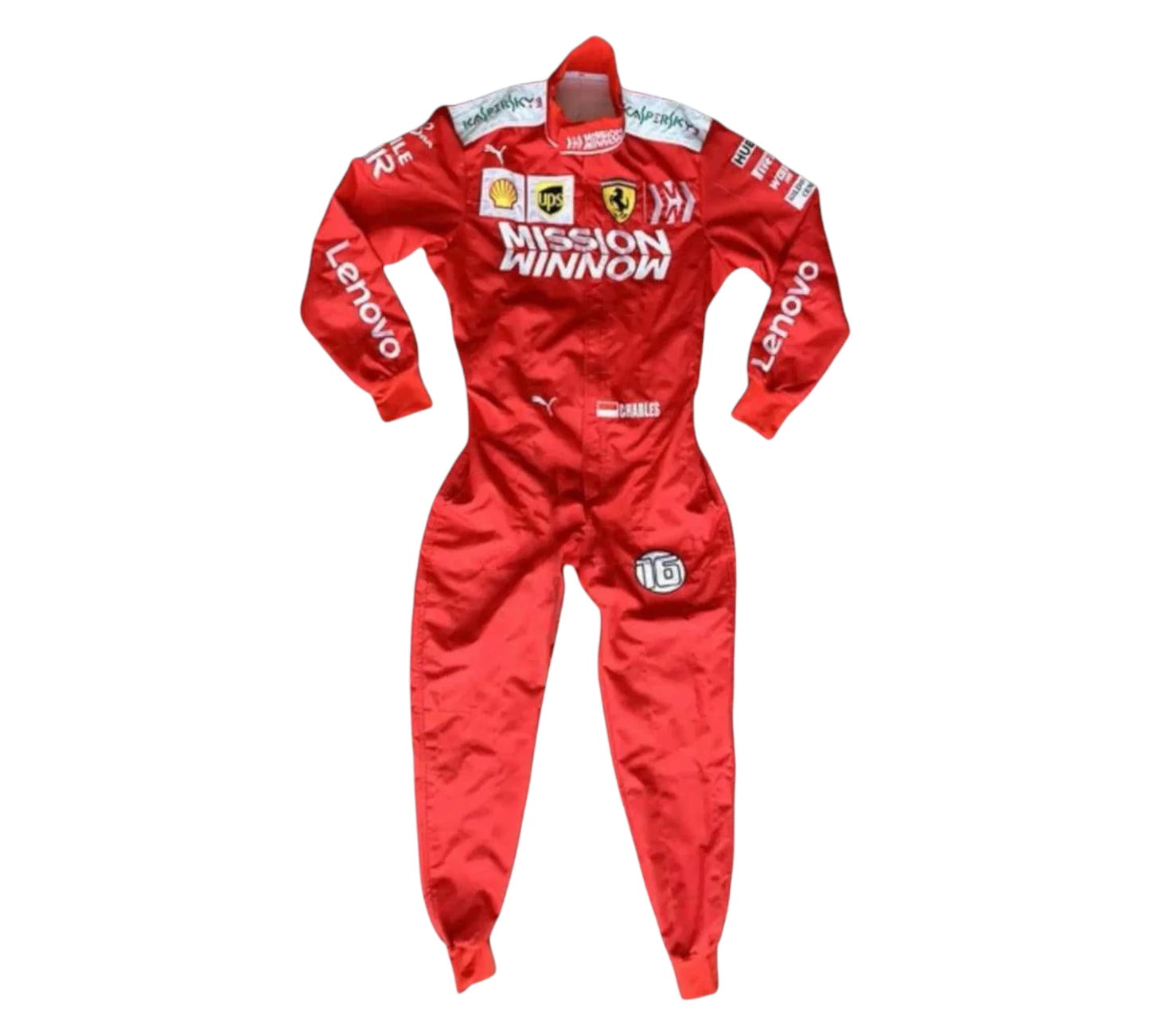 Red racing suit with various logos on a white background