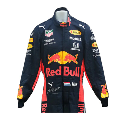 Black racing suit with Red Bull and various sponsor logos on a white background