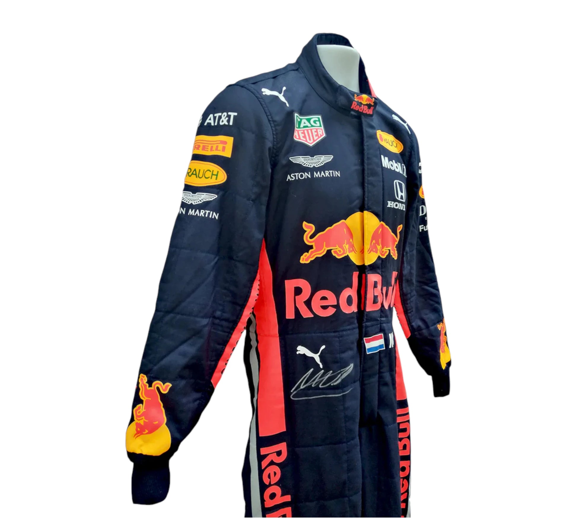 Formula 1 racing suit with Red Bull and Aston Martin logos on a white background