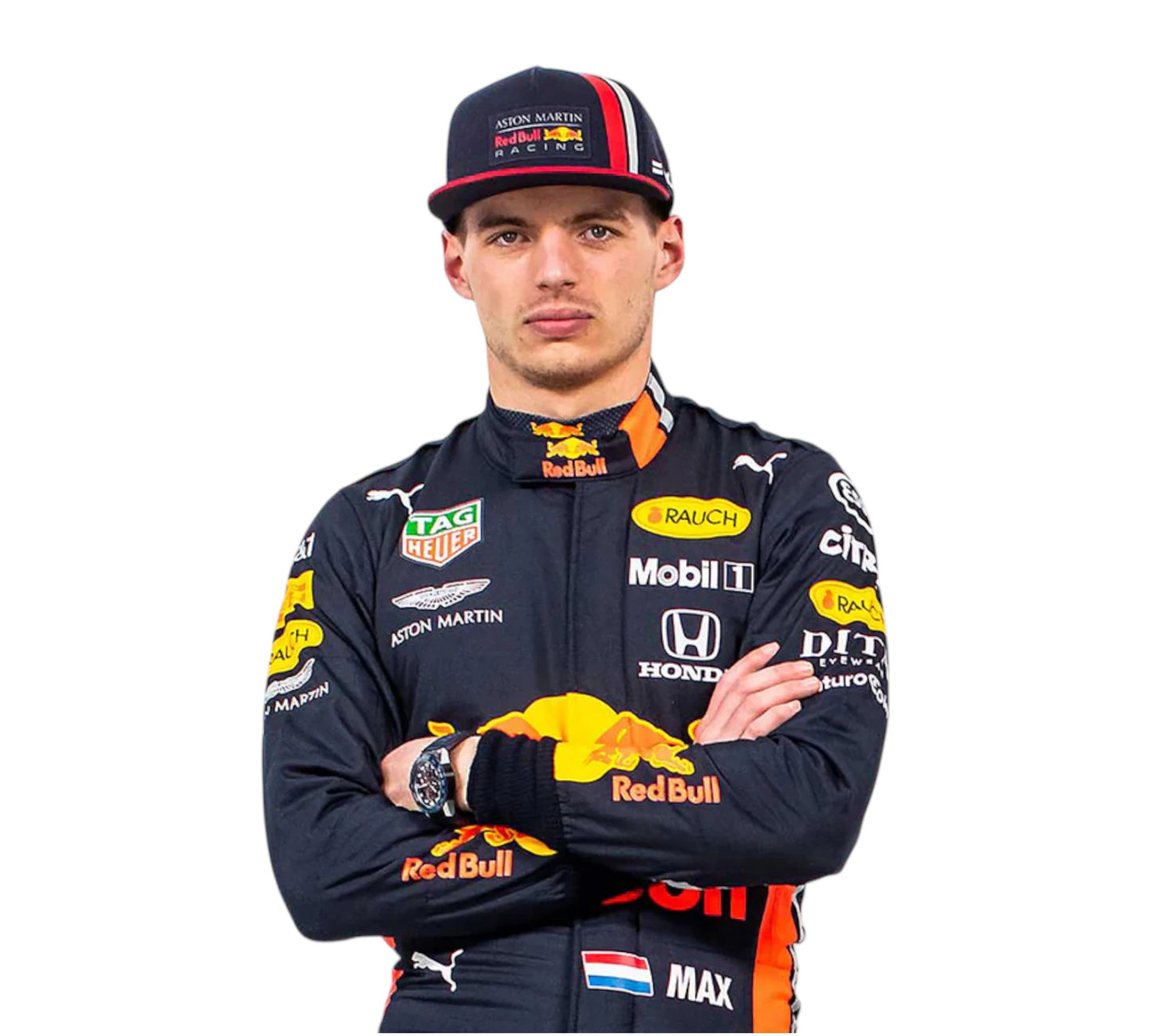 Person wearing a Formula 1 racing suit with various sponsor logos on a white background