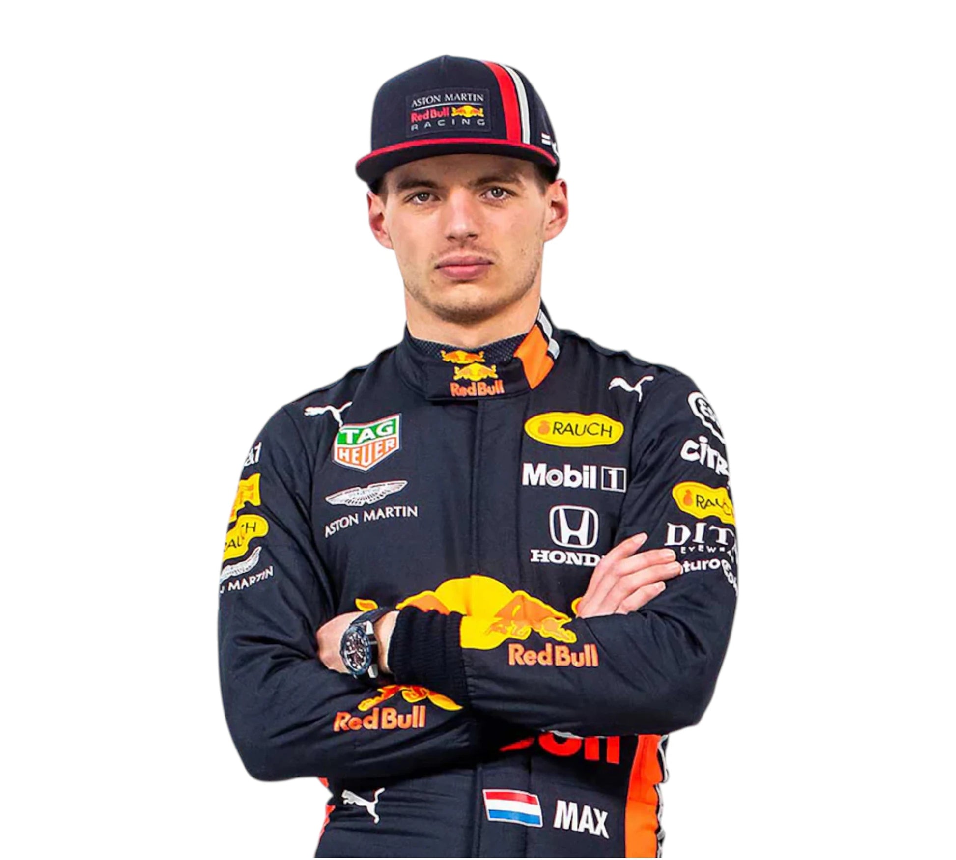 Person wearing a Formula 1 racing suit with various sponsor logos on a white background