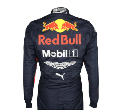Black racing suit with Red Bull and Mobil 1 logos on a white background