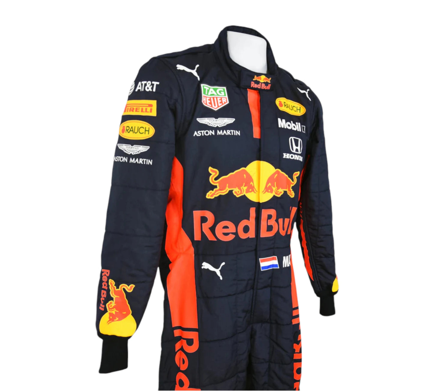 Formula 1 racing suit with Red Bull and Puma branding on a white background