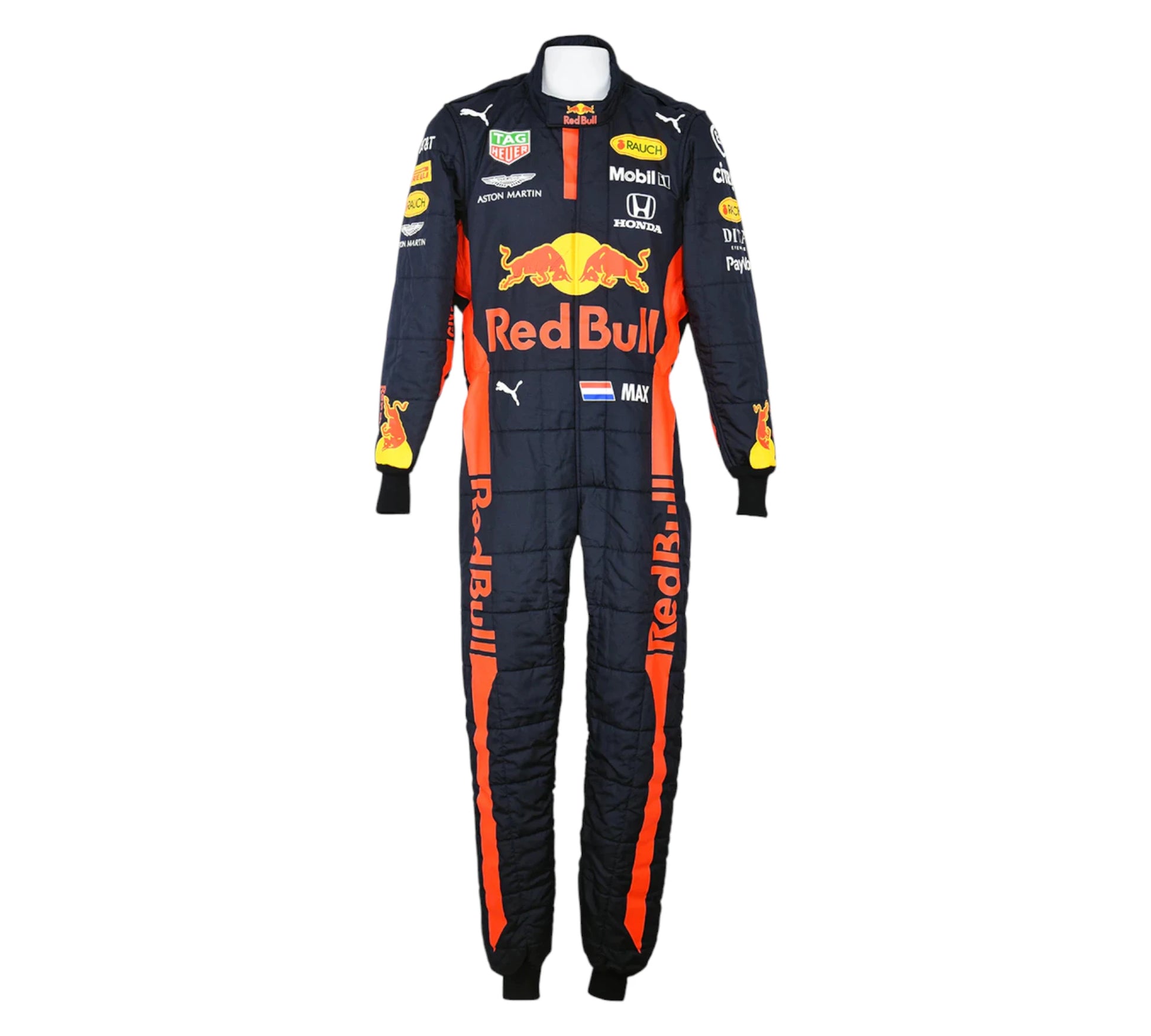 Black and orange racing suit with Red Bull branding on a white background
