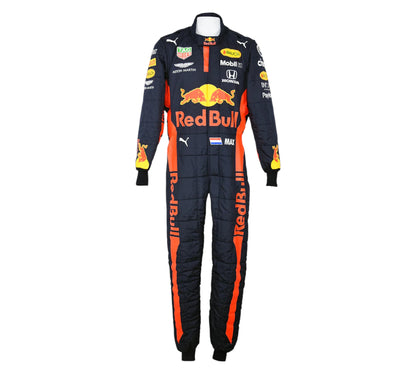 Black and orange racing suit with Red Bull branding on a white background